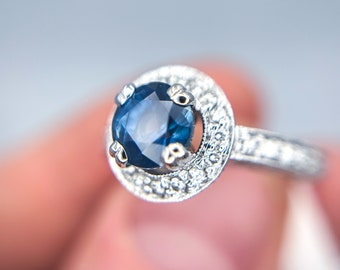 1.84 Sapphire Diamond Halo 14k White Gold Ring