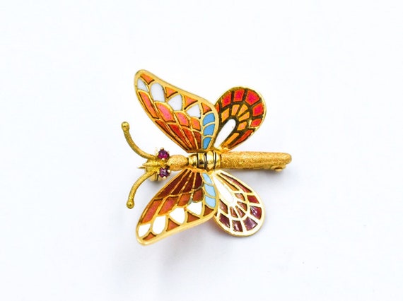 18k Ruby Enamel Butterfly Brooch - image 1