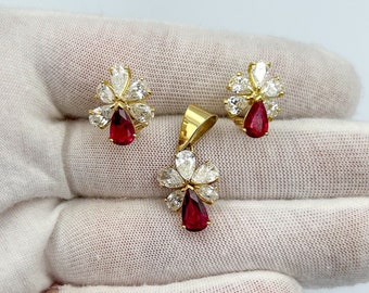 Natural Ruby Diamond 7.50+ CTW Cluster Earrings & Pendant Set