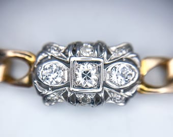 18k/14k Art Deco Shield Cuban Link Bracelet 0.50 CTW Old Euro Diamonds
