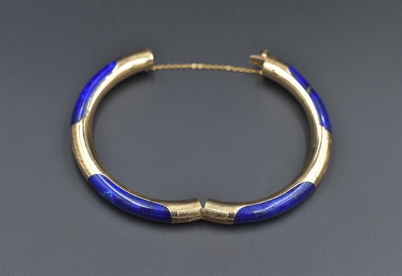 Vintage Lapis Lazuli Gold Bangle Hinged Bracelet … - image 4
