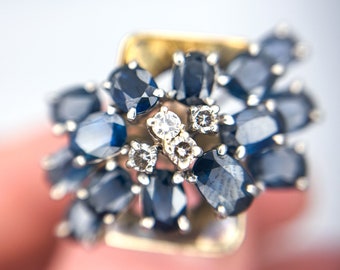 Vintage Brutalist 14k Sapphire Cluster Diamond Ring