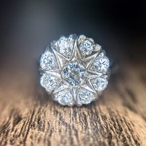 Antique Art Deco 1.30CTW Old European Cut Natural Diamond Ring 14k White Gold Star Shape Estate OOAK Vintage Fashion Engagement Statement