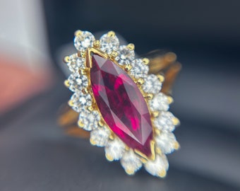 Special GIA 1.81 Marquise Natural Ruby Diamond Halo 18k Gold Engagement Fashion Statement Ring Yellow Gold Extra Fine Quality Heated
