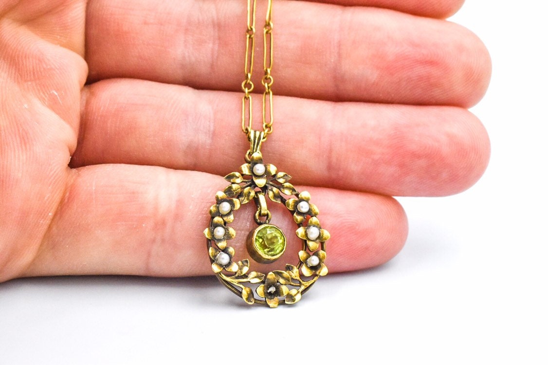 Art Nouveau Antique 14k Yellow Gold Peridot Pearl Pendant Necklace ...
