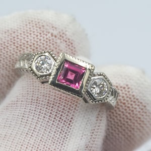Vintage Pink Tourmaline Diamond 3-Stone Ring
