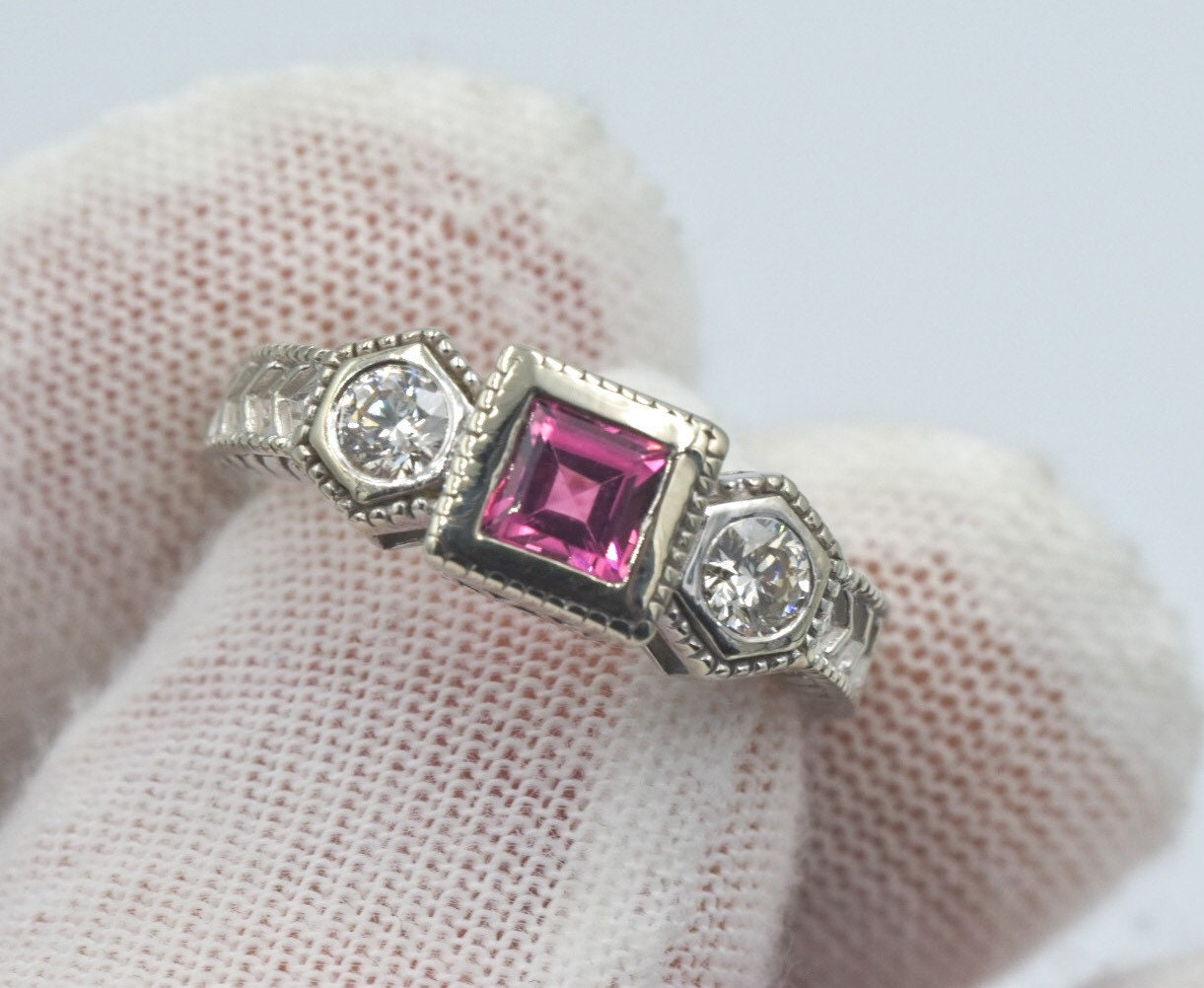 Vintage Pink Tourmaline Diamond 3-Stone Ring