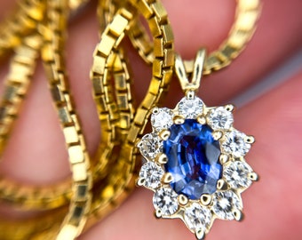 14k Sapphire Diamond Halo Pendant Necklace