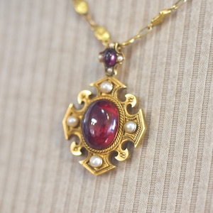 Victorian Era Antique 18k Yellow Gold Garnet Pearl Amulet Pendant w/ Gold Nugget 18” Necklace Handmade OOAK Cross Motif Estate Heirloom