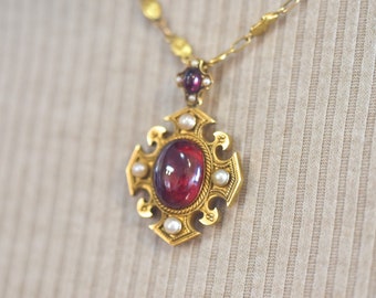 Victorian Era Antique 18k Yellow Gold Garnet Pearl Amulet Pendant w/ Gold Nugget 18” Necklace Handmade OOAK Cross Motif Estate Heirloom