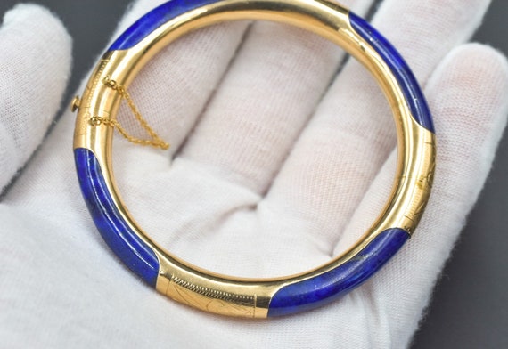 Vintage Lapis Lazuli Gold Bangle Hinged Bracelet … - image 1