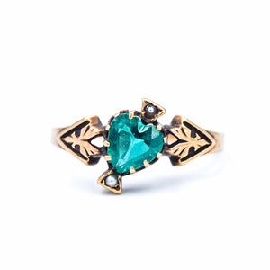 Victorian 9k Yellow Gold Pearl Ring With Synthetic Green Stone Ring