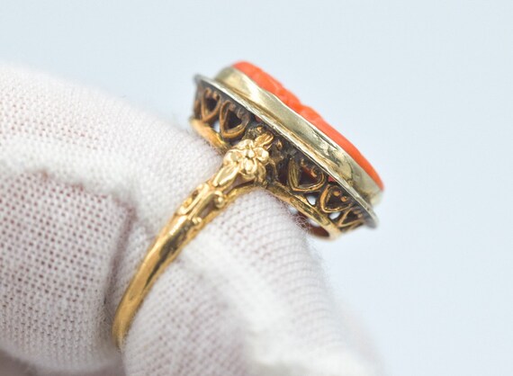 Antique Coral Cameo 14k Gold Ring - image 4