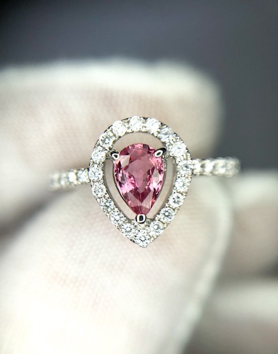 18k Padparadscha Sapphire Diamond Halo Ring