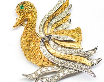 18k Diamond Emerald Swan Brooch Pin