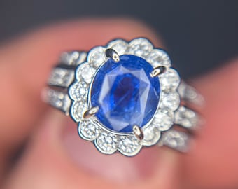 GIA 3.18 No Heat Sapphire Platinum Diamond Ring