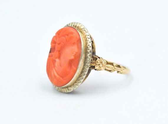 Antique Coral Cameo 14k Gold Ring - image 2