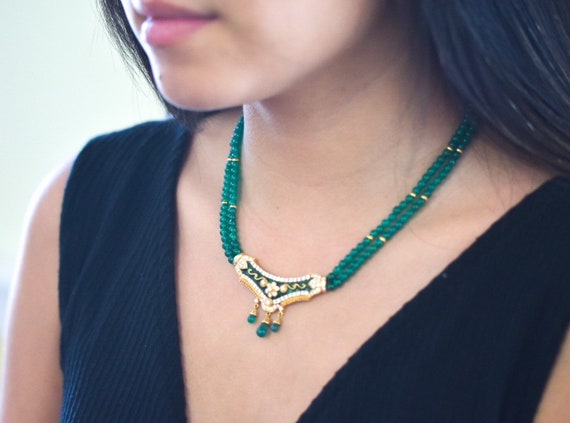 Vintage 18k Diamond Onyx Green Enamel Necklace an… - image 2