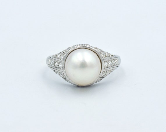 Authentic Art Deco Platinum Pearl Diamond Ring - image 3