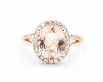 Morganite Diamond Halo 14k Rose Gold Ring