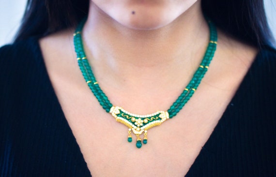 Vintage 18k Diamond Onyx Green Enamel Necklace an… - image 1