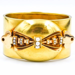 Antique Victorian Era Wide Hinged Bangle Bracelet 18k Solid Yellow Gold With Pearls Rare Unique Special Collectible Antique Vintage Fashion