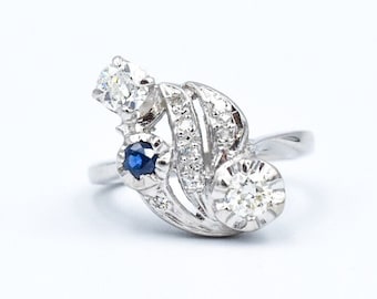 Anello Art Deco in oro bianco 14k con zaffiro e diamanti