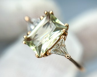 14k Green Beryl Diamond 3-Stone Ring