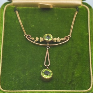 Antique Art Nouveau 9k Peridot Solid Rose Gold Dangling Attached Pendant Necklace Green Gemstones Ooak Special Statement Fine Jewelry