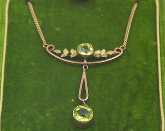 Antique Art Nouveau 9k Peridot Solid Rose Gold Dangling Attached Pendant Necklace Green Gemstones Ooak Special Statement Fine Jewelry