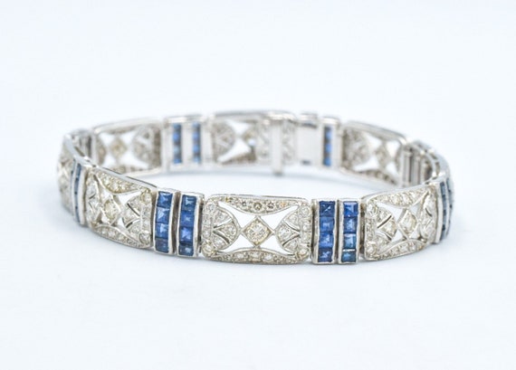 Art Deco Style 7 CTW Diamond Sapphire 18k Bracelet - image 2