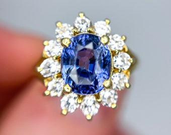 GIA 3.39 Sapphire Diamond Halo 18ky Ring