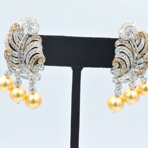 Stunning 18k Diamond & Golden South Sea Pearl Dangle Earrings White Gold Rose Gold Pink Diamonds Day/Night Unique Custom Estate Fine Jewelry