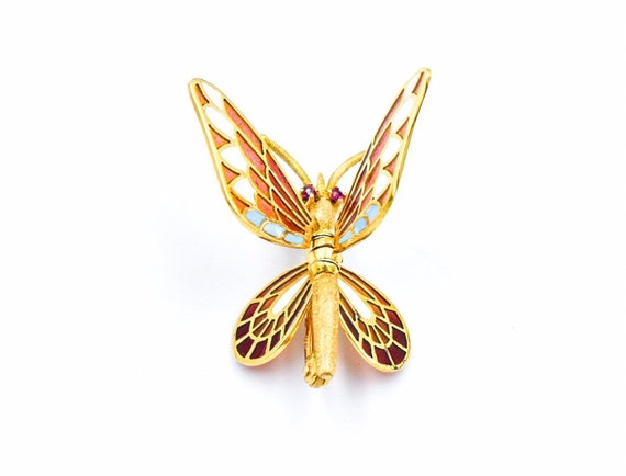 18k Ruby Enamel Butterfly Brooch - image 5