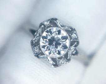 Antique Art Deco 1 Carat Old European Cut Natural Diamond 14k White Gold Palladium Engagement Ring Milgrain Bezel Estate Vintage Handmade