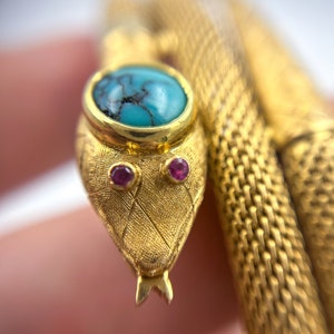 Vintage 18k Italian Snake Mesh Bracelet Turquoise Head Ruby Eyes
