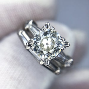 1940’s Diamond Platinum 3-Stone Matching Engagement Ring Wedding Band Bridal Set