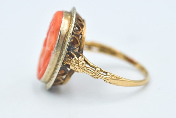 Antique Coral Cameo 14k Gold Ring - image 3