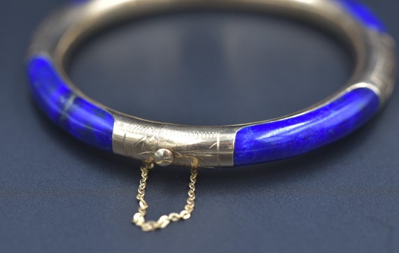 Vintage Lapis Lazuli Gold Bangle Hinged Bracelet … - image 6