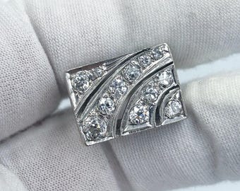 Vintage Art Deco ~1.26 Natural Old Euro Diamond 14k White Gold Wide Band Handmade Estate Statement Fashion Rectangle