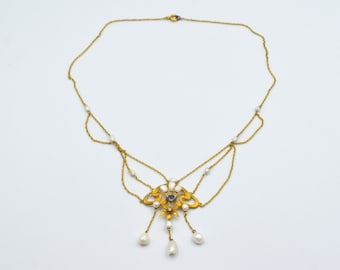 Antique Art Nouveau 14k Freshwater Pearl Old Mine Cut Diamond & Natural Sapphire Festoon Pendant Necklace