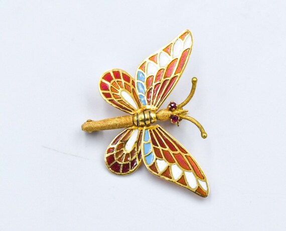18k Ruby Enamel Butterfly Brooch - image 2