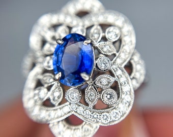 GIA Sapphire Diamond 18kw Flower Motif Milgrain Ring