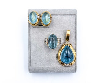 GUMP’s Vintage 18k Aquamarine Diamond Ring Pendant Earrings Set