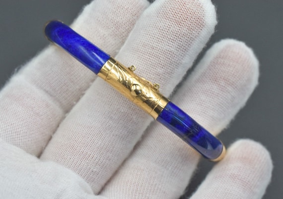 Vintage Lapis Lazuli Gold Bangle Hinged Bracelet … - image 3