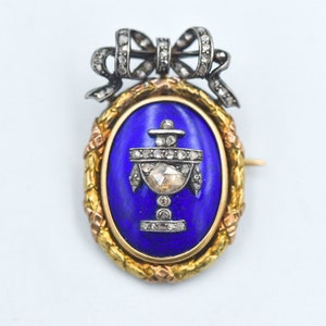 Special Victorian Era Mourning Memento Mori Diamond Enamel 14k Brooch Pendant