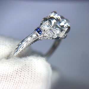 Art Deco 1.15 Carat Diamond Sapphire Platinum Filigree Ring