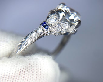 Art Deco 1.15 Carat Diamond Sapphire Platinum Filigree Ring