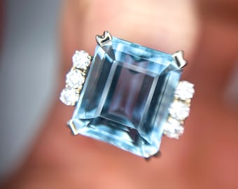 Vintage ~9.50 CT Aqua Diamond 14k White Gold Fashion Statement Cocktail Ring