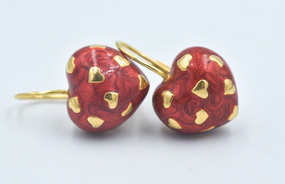 18k Guilloche Enameled Heart Earrings